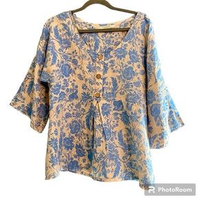 Laura Bianchi Gray Blue Vintage Floral Design Linen 3/4 Sleeve Pullover Top Sz L